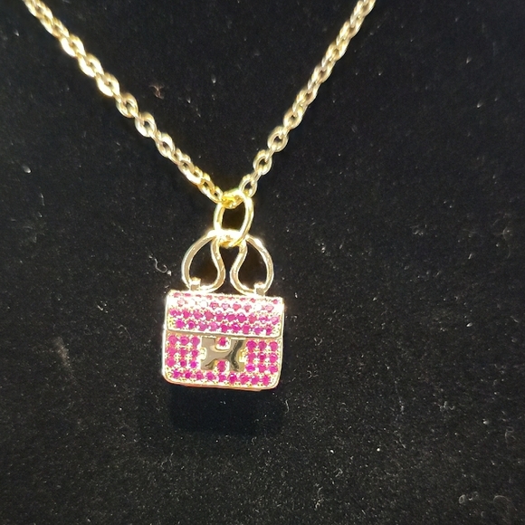 Upcycled Jewelry - Gold with Pink Handbag Pendant Upcycled With Unbranded Chain #64